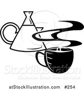 Vector Illustration of a Steaming Hot Cup of Coffee and a Coffee Pot by AtStockIllustration
