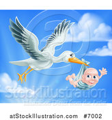 Vector Illustration of a Stork Bird Flying a Baby Boy in a Bundle Against a Blue Sky with Clouds and Sunshine by AtStockIllustration
