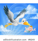 Vector Illustration of a Stork Bird Flying a Happy Baby Boy Holding His Arms out in a Blue Bundle Against Sky by AtStockIllustration