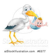 Vector Illustration of a Stork Bird Holding a Happy Baby Boy in a Blue Bundle by AtStockIllustration