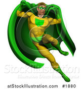 Vector Illustration of a Strong Male Super Hero Jumping in a Green and Yellow Suit by AtStockIllustration