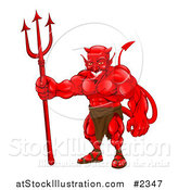 Vector Illustration of a Strong Red Devil Standing with a Pitchfork by AtStockIllustration