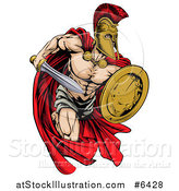 Vector Illustration of a Strong Spartan Trojan Warrior Mascot Running with a Sword and Shield by AtStockIllustration