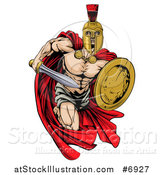 Vector Illustration of a Strong Spartan Trojan Warrior Mascot Sprinting with a Sword and Shield by AtStockIllustration