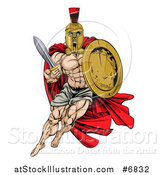 Vector Illustration of a Strong Spartan Trojan Warrior Mascot with a Cape, Running with a Sword and Shield by AtStockIllustration
