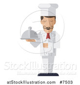 Vector Illustration of a Stylized Male Chef with a Curling Mustache, Standing with a Napkin Draped over His Arm and a Cloche Platter in Hand by AtStockIllustration