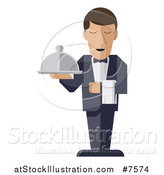 Vector Illustration of a Stylized Male Waiter with a Curling Mustache, Standing with a Napkin Draped over His Arm and a Cloche Platter in Hand by AtStockIllustration