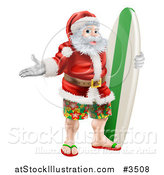 Vector Illustration of a Summer Santa with Shorts Sandals and a Surf Board by AtStockIllustration