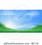 Vector Illustration of a Sun Rising over a Grassy Landscape Against a Blue Sky by AtStockIllustration