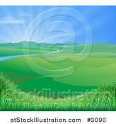 Vector Illustration of a Sun Shining over a Spring Time Landscape with Rolling Hills and a River by AtStockIllustration