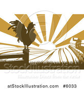 Vector Illustration of a Sunrise over a Brown Farm House with a Crowing Rooster and Fields by AtStockIllustration