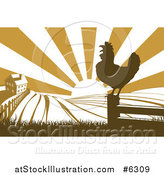 Vector Illustration of a Sunrise over a Brown Silhouetted Farm House, a Crowing Rooster and Fields by AtStockIllustration