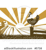 Vector Illustration of a Sunrise over a Brown Silhouetted Farm House with a Crowing Rooster and Fields by AtStockIllustration