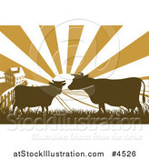 Vector Illustration of a Sunrise over a Brown Silhouetted Farm House with Cows and Fields by AtStockIllustration