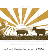 Vector Illustration of a Sunrise over a Brown Silhouetted Farm House with Sheep and Fields by AtStockIllustration