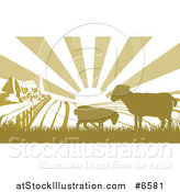Vector Illustration of a Sunrise over a Brown Silhouetted Farm House with Two Sheep and Fields by AtStockIllustration
