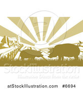 Vector Illustration of a Sunrise over a Brownish Green Farm House with Silhouetted Pigs and Fields by AtStockIllustration