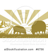 Vector Illustration of a Sunrise over a Cottage Farm House with Two Sheep and Fields by AtStockIllustration