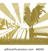 Vector Illustration of a Sunrise over a Green Farm House, a Silhouetted Crowing Rooster and Fields by AtStockIllustration