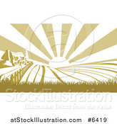 Vector Illustration of a Sunrise over a Green Silhouetted Farm House and Fields by AtStockIllustration