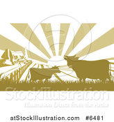 Vector Illustration of a Sunrise over a Green Silhouetted Farm House with Cows and Fields by AtStockIllustration