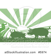 Vector Illustration of a Sunrise over a Green Silhouetted Farm House with Pigs and Fields by AtStockIllustration