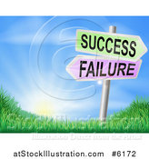 Vector Illustration of a Sunrise over Grass with 3d Failure and Success Signs by AtStockIllustration