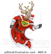 Vector Illustration of a Super Hero Rudolph Red Nosed Reindeer Running in a Cape by AtStockIllustration