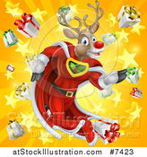 Vector Illustration of a Super Hero Rudolph Red Nosed Reindeer Running in a Cape over a Star and Gift Burst by AtStockIllustration