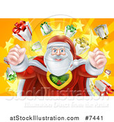 Vector Illustration of a Super Hero Santa Claus Flexing His Muscles in a Christmas Suit over a Star Burst with Gifts by AtStockIllustration