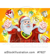 Vector Illustration of a Super Hero Santa Claus Flexing over a Star Burst with Gifts by AtStockIllustration