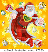 Vector Illustration of a Super Hero Santa Claus Running in a Christmas Suit over a Star Burst with Gifts 2 by AtStockIllustration