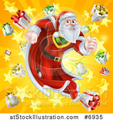 Vector Illustration of a Super Hero Santa Claus Running in a Christmas Suit over a Star Burst with Gifts by AtStockIllustration