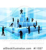 Vector Illustration of a Team of Silhouetted Business Men and Women Assembling a Pyramid of 3d Blue Cubes, on Blue by AtStockIllustration