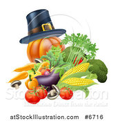 Vector Illustration of a Thanksgiving Pumpkin with a Pilgrim Hat and Produce by AtStockIllustration