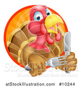 Vector Illustration of a Thanksgiving Turkey Bird Holding Silverware in a Sunset Circle by AtStockIllustration
