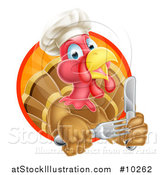 Vector Illustration of a Thanksgiving Turkey Bird Wearing a Chef Hat and Holding Silverware, in a Sunset Circle by AtStockIllustration