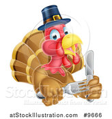 Vector Illustration of a Thanksgiving Turkey Bird Wearing a Pilgrim Hat and Holding Silverware by AtStockIllustration
