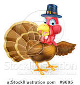 Vector Illustration of a Thanksgiving Turkey Bird Wearing a Pilgrim Hat and Presenting by AtStockIllustration