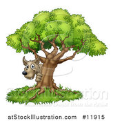 Vector Illustration of a the Bad Wolf Peeking from Behind a Tree, the Three Little Pigs Story by AtStockIllustration