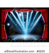 Vector Illustration of a Theater Stage with Red Curtains and Blue Shining Lights by AtStockIllustration