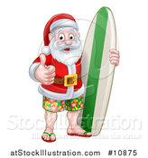 Vector Illustration of a Thumb up Summer Santa Claus with Shorts Sandals and a Surf Board by AtStockIllustration