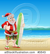 Vector Illustration of a Thumb up Summer Santa with a Surf Board on a Beach by AtStockIllustration