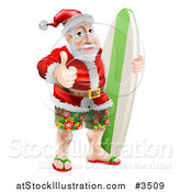 Vector Illustration of a Thumb up Summer Santa with Shorts Sandals and a Surf Board by AtStockIllustration