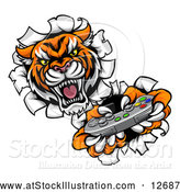 Vector Illustration of a Tiger Mascot Playing a Video Game and Breaking Through a Wall by AtStockIllustration