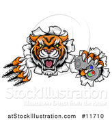 Vector Illustration of a Tiger Mascot Shredding Through a Wall and Holding a Video Game Controller by AtStockIllustration