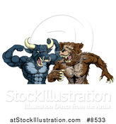 Vector Illustration of a Tough Aggressive Blue Bull Ready to Fight a Brown Bear by AtStockIllustration