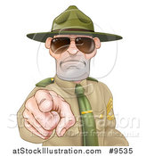 Vector Illustration of a Tough and Angry White Male Drill Sergeant Pointing Outwards and Wearing Sunglasses by AtStockIllustration