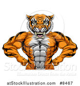 Vector Illustration of a Tough Bodybuilder Tiger Man Flexing His Big Muscles, from the Waist up by AtStockIllustration