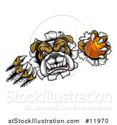 Vector Illustration of a Tough Bulldog Monster Shredding Through a Wall with a Basketball in One Hand by AtStockIllustration